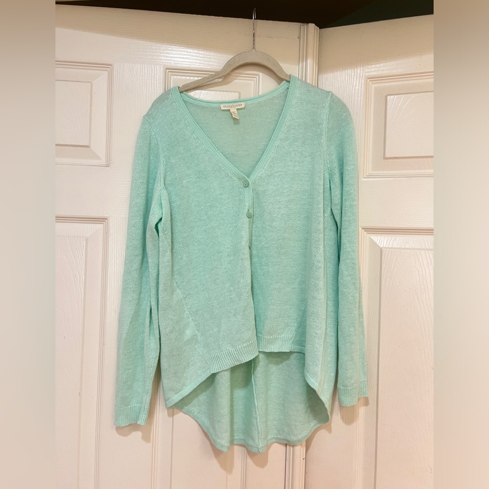 Eileen Fisher Womens Small P Green 100%‎ Linen high low Cardigan Sweater